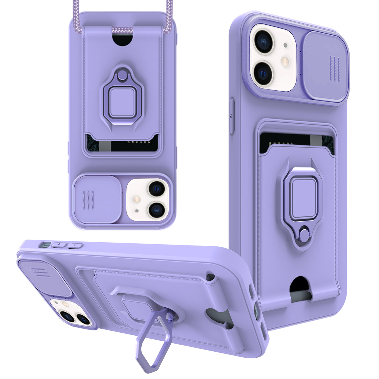 High Quality iPhone 12 Case with Camera cover, Kickstand, Slide lens protection, Magnetic ring stand, Crossbody strap and Card holder In Purple